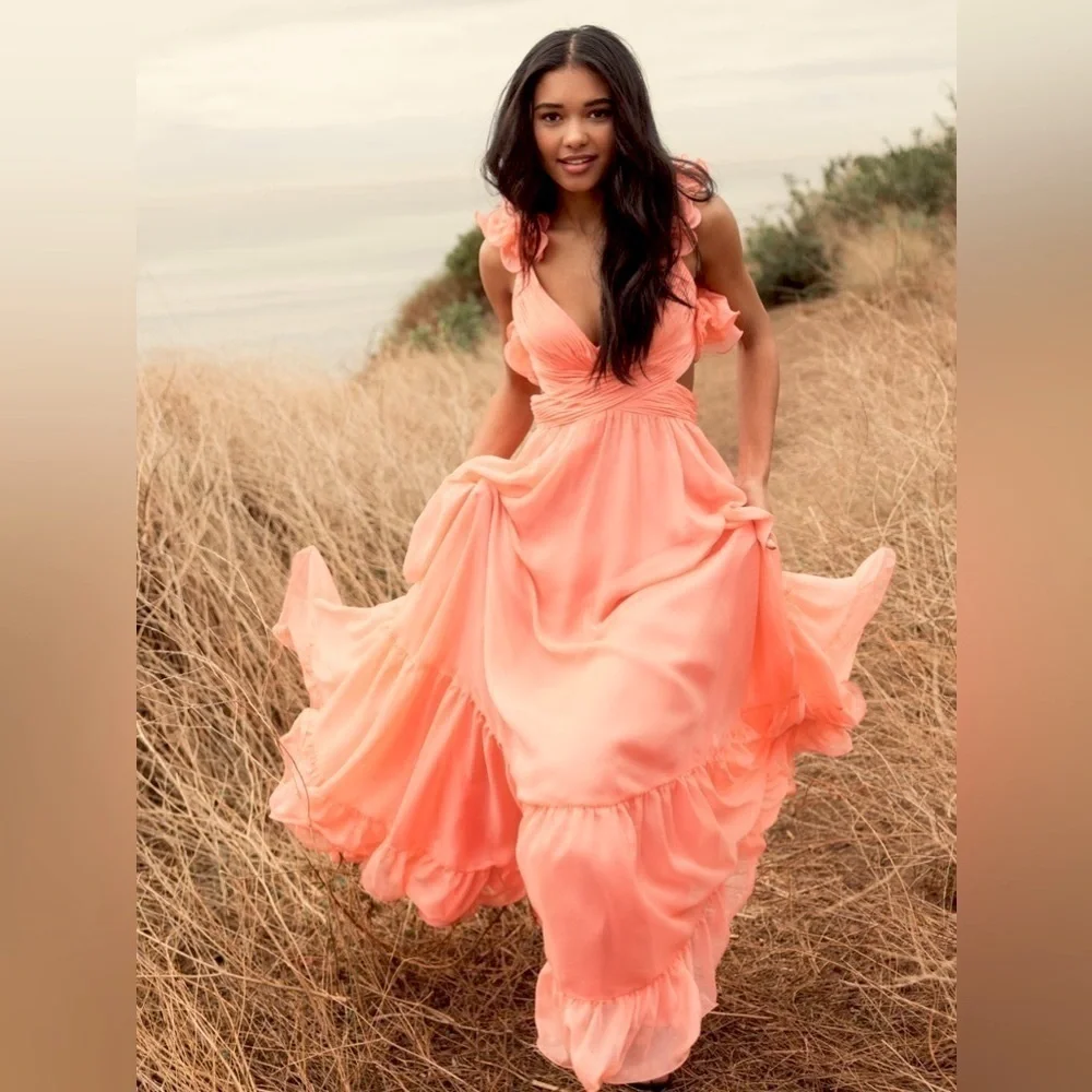 NEW $600 MAC DUGGAL RUFFLE TIERED CUT-OUT CHIFFON GOWN CORAL SIZE 12 - Picture 3 of 17